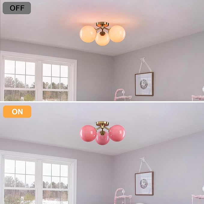 Pink Semi Flush Mount Ceiling Light Fixture, 3 Light Opal Glass Globe Mid - Image 4
