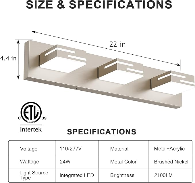 LED Modern Bathroom Vanity Light Fixtures, 3-Light 22-inch Dimmable Brushed - Image 3