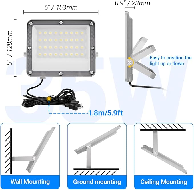 Ceena 35W Plug in LED Flood Lights Outdoor, 3500lm Super Bright LED Work Light - Image 6
