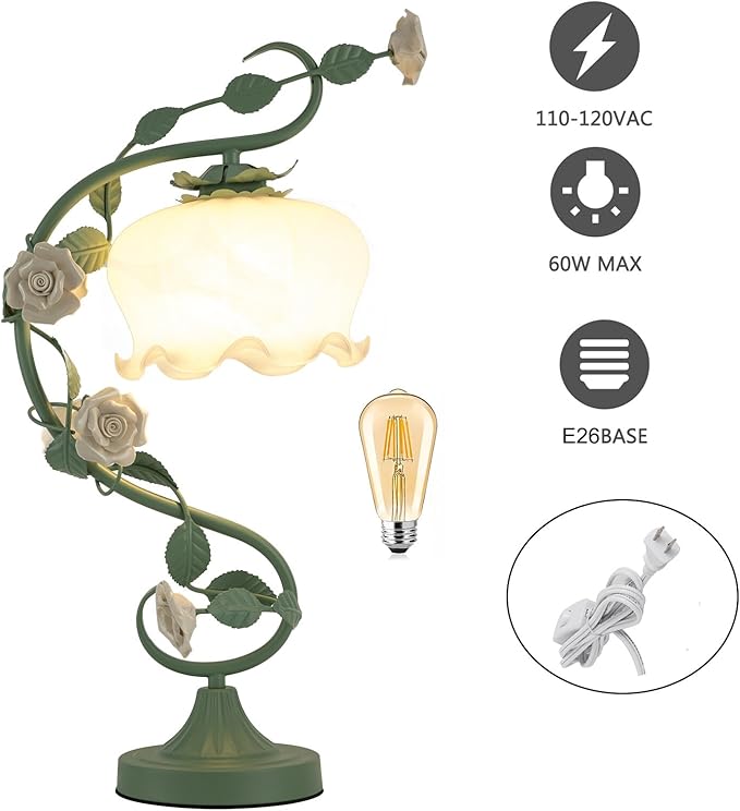 Flower Glass Table Lamp with 7.48inches Wide Bent Glass Lampshade, Floral - Image 5