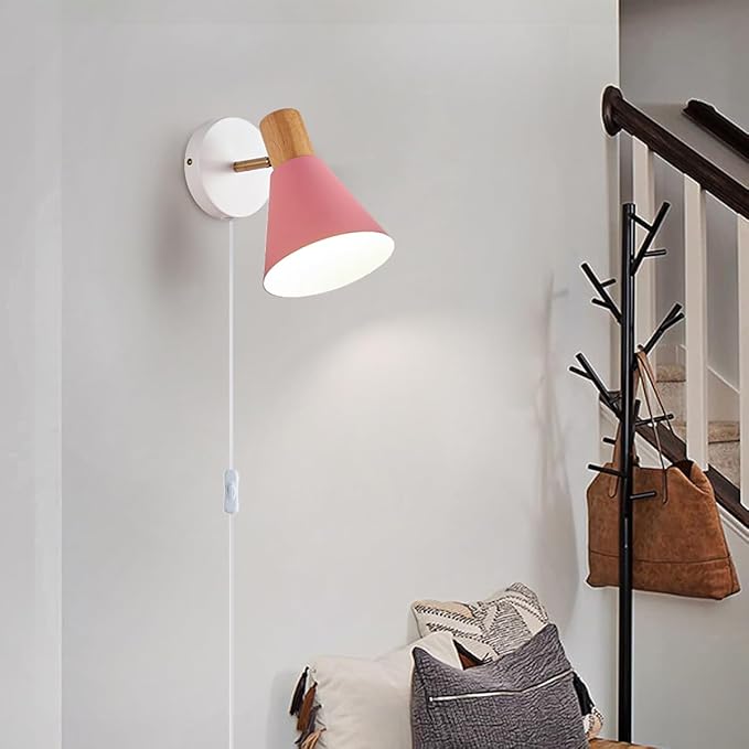 Plug in Wall Sconces Lighting Fixture Pack of 2, Wooden Adjustable Bedside Wall - Image 4