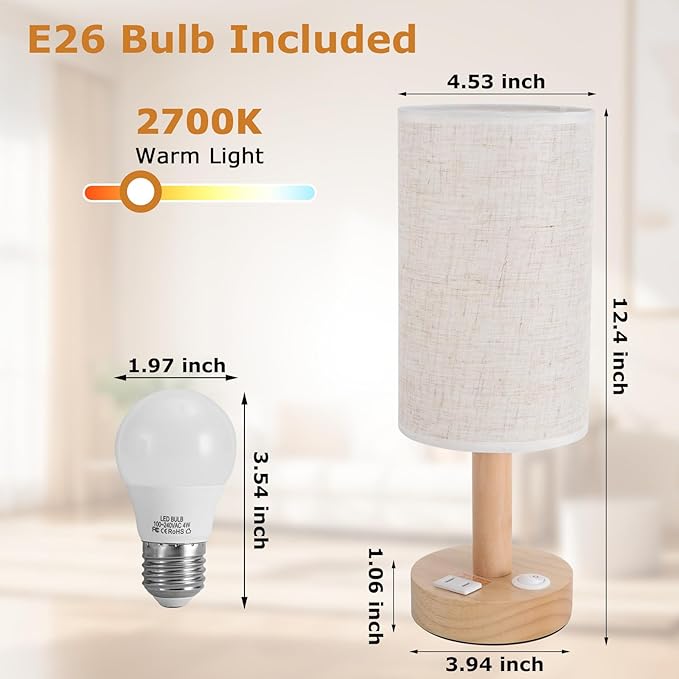 Small Bedside Table Lamp with AC Outlet, Natural Wood Base & Linen Shade - Image 4