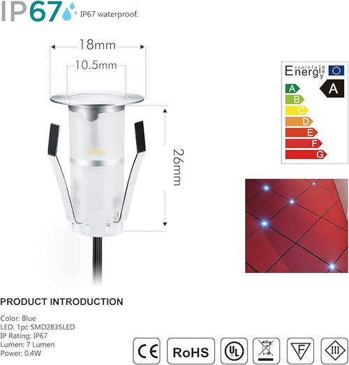 0.7" Tiny Recessed LED Deck Lighting Kits 12V Blue Waterproof IP67, Led In - Image 2