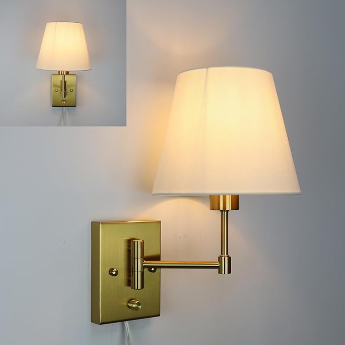 SAMTEEN Gold Plug-in Wall Sconces Set of Two Beige Shade Brass Swing Arm Wall - Image 7