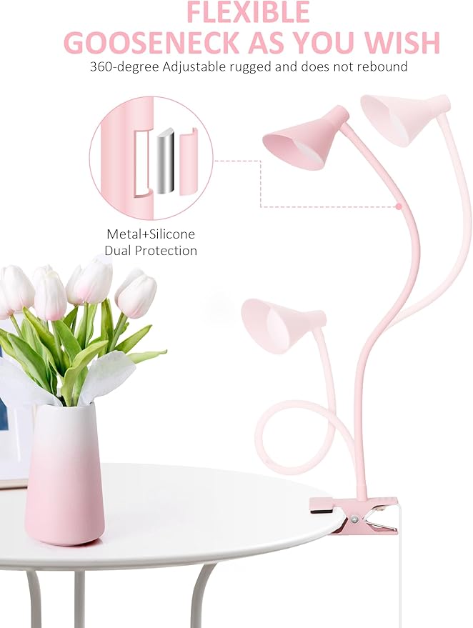 Pink Small Desk Lamp Clip on LED Reading Light - Image 4