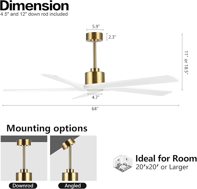 WINGBO 64 Inch DC Ceiling Fan without Lights, 5 Reversible Carved Solid Wood - Image 3