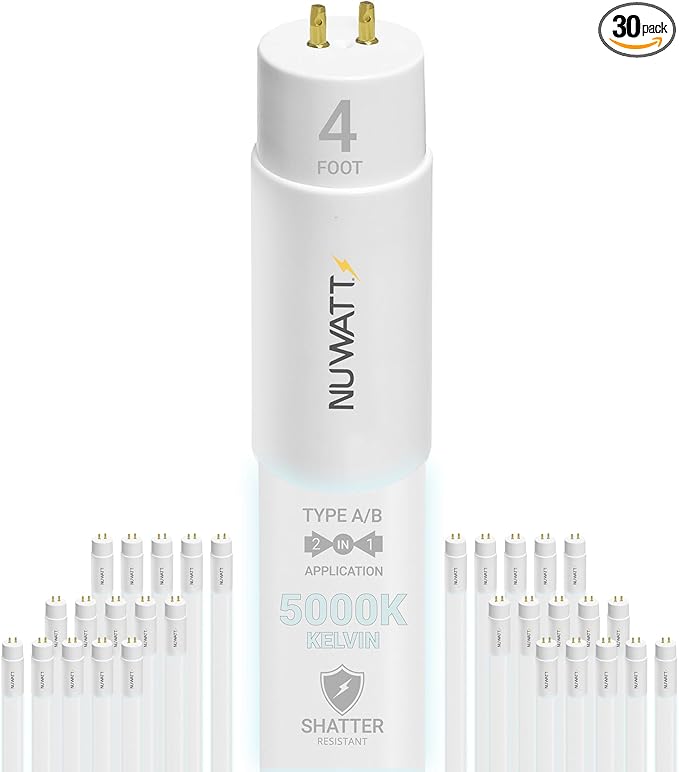 NuWatt 30 Pack 4 FT LED T8 Tube Light, T10 T12 Hybrid Type A+B, 5000K Daylight by NUWATTLighting