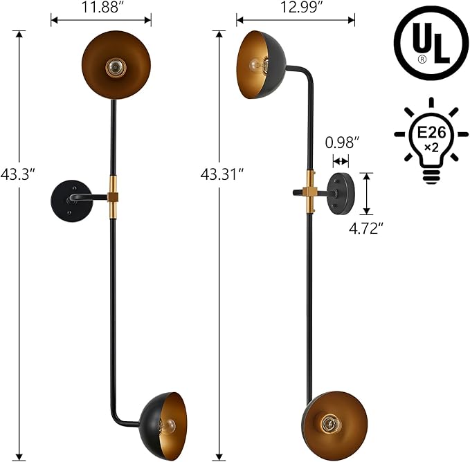 43“ Modern Wall Sconce 2-Lights Shade Adjustable Wall Lights Black and Antique - Image 7