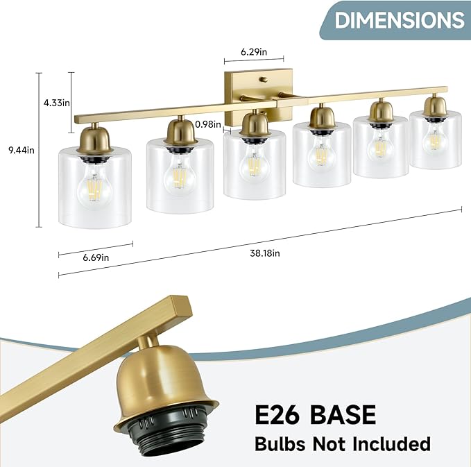 Modern Brushed Gold 6 Light Bathroom Light Fixtures, 38 inch Vanity Lights - Image 2