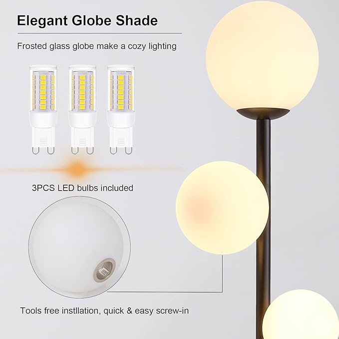 Fiqevs 3 Globe Mid Century Modern Floor Lamp, 3 x 800LM LED Bulbs Included - Image 3