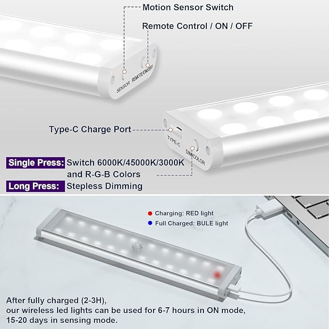 Under Cabinet Lights Wireless, 58-LED Rechargeable Motion Sensor Closet Lights - Image 3