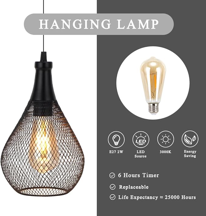 JHY DESIGN Hanging Lamp Set of 2 Battery Operated Cordless Lamps Metal Cage - Image 3