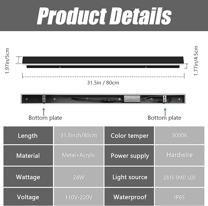 2 Pack 31.5inch Long Outdoor LED Wall Lights 24W Black 3000K Warm White Porch - Image 3