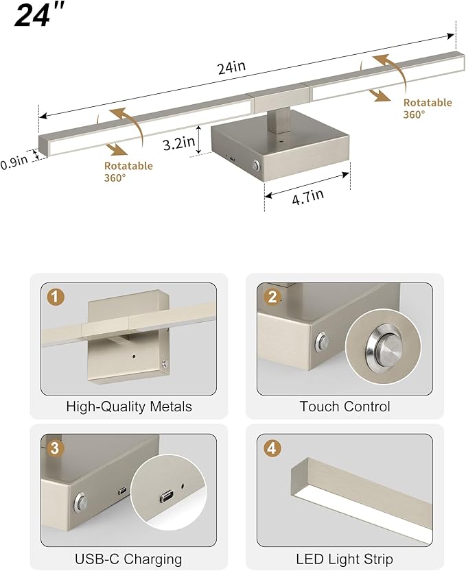 Rechargeable Battery Operated Wall Sconce Set of Two, 24 Inch, 3000K/4500K/6000K - Image 5