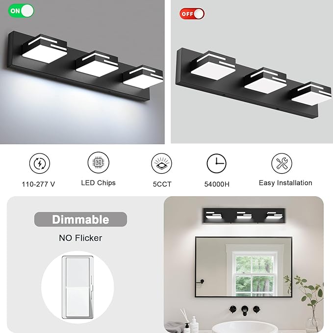 LED Modern Bathroom Vanity Light Fixtures 3-Light 5CCT Dimmable Matte Black - Image 4