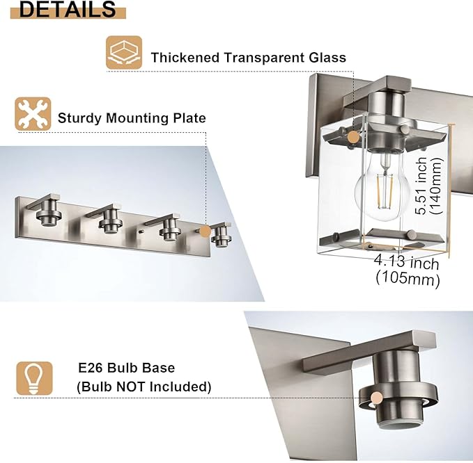 3-Lights Bathroom Wall Light Fixtures E26 Bulb Base, Brushed Nickel Vanity - Image 7