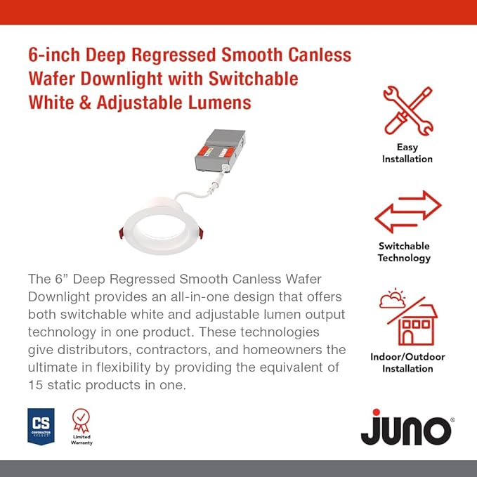 Juno LED Recessed Lights 6 Inch Round Wafer Downlight, 5-in-1 Switchable White - Image 2