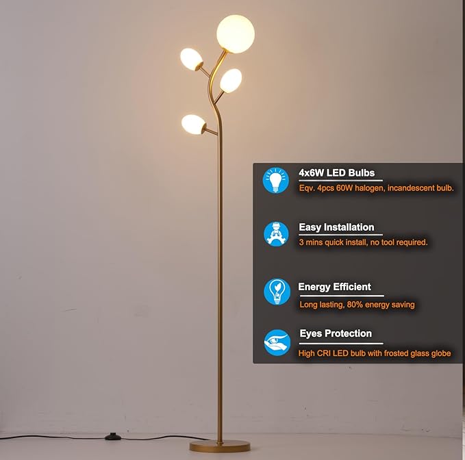 Fiqevs 4 Globe Floor Lamp with 2700K Warm Light LED Bulbs Included, Mid Century - Image 6