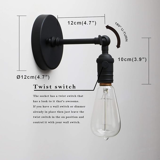 PERMO Vintage Industrial Pole Wall Mount Mini Single Sconce Metal Wall Sconces - Image 3