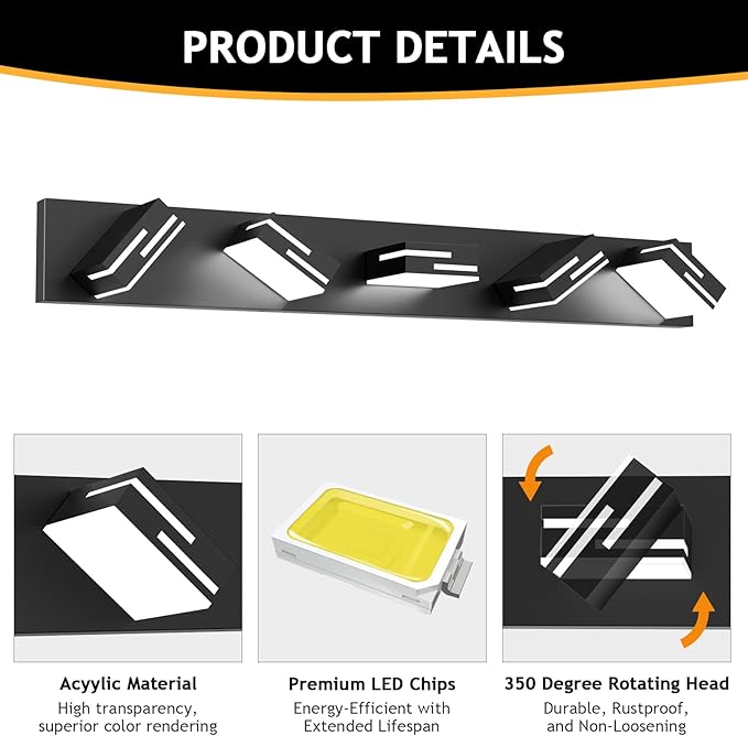 LED Modern Bathroom Vanity Light Fixtures 5-Light 5CCT Dimmable Matte Black - Image 4