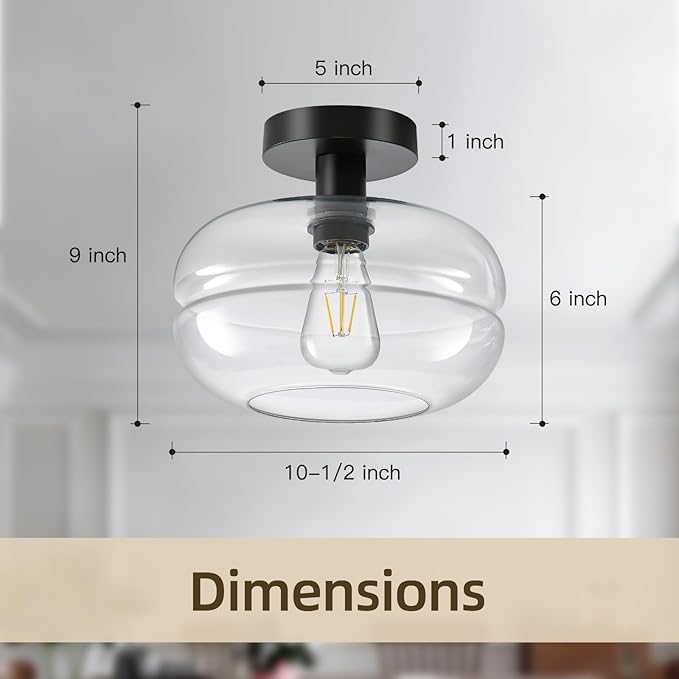 Semi Flush Mount Ceiling Light Fixture, 10-1/2 Inch Clear Glass Shade - Image 2