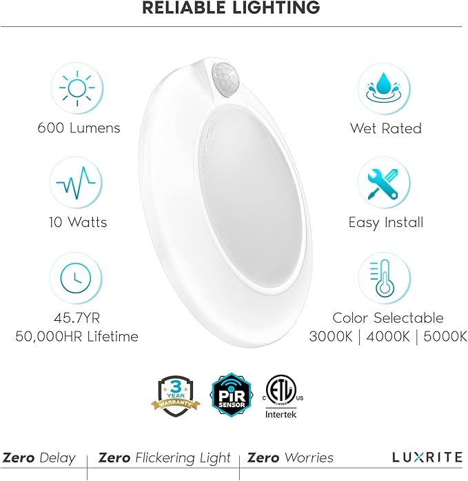 LUXRITE 4 Inch LED Motion Sensor Ceiling Light, 3 Color Selectable 3000K-5000K - Image 7