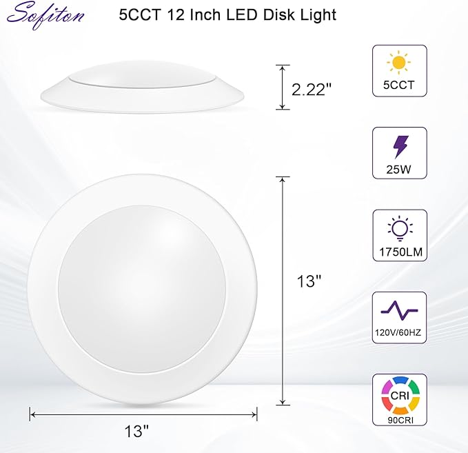 1-Pack 12 Inch Disk Lights, 2700K-5000K Adjustable, CRI 90+, Dimmable 10%-100% - Image 2