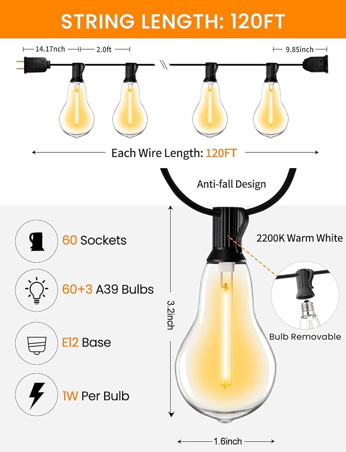 String Lights for Outside 120ft Waterproof - Image 3