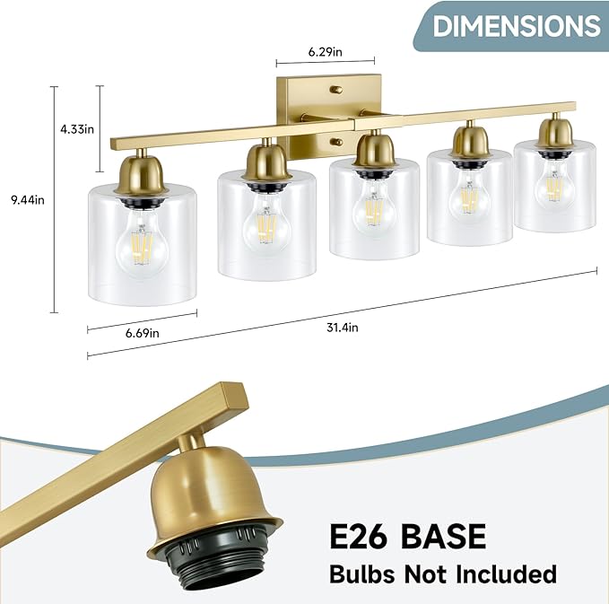 Modern Brushed Gold 5 Light Bathroom Vanity Light, 31 inch Vanity Lights - Image 2