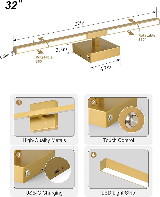 32 Inch Rechargeable Battery Operated Wall Sconce Set of Two, 8000mAh Cordless - Image 7