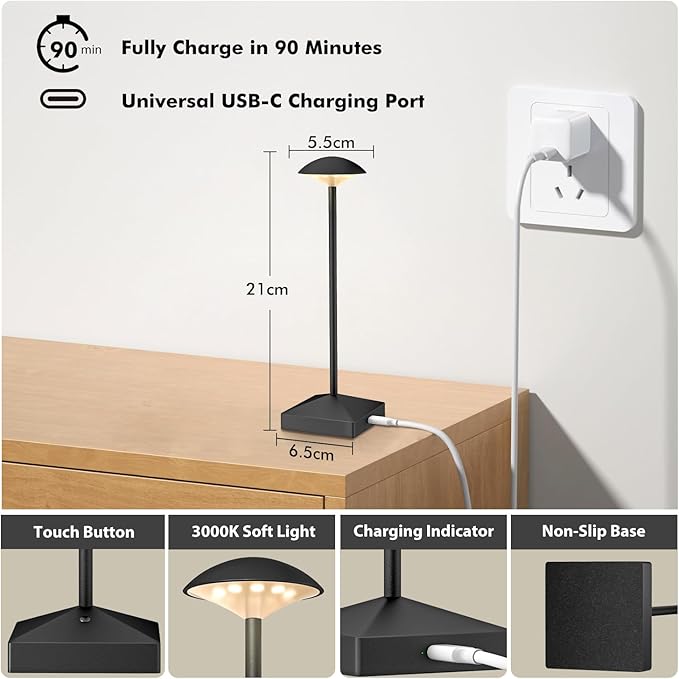 3 Pack 8.26in Black Small Cordless Table Lamps Rechargeable, Battery Operated - Image 4