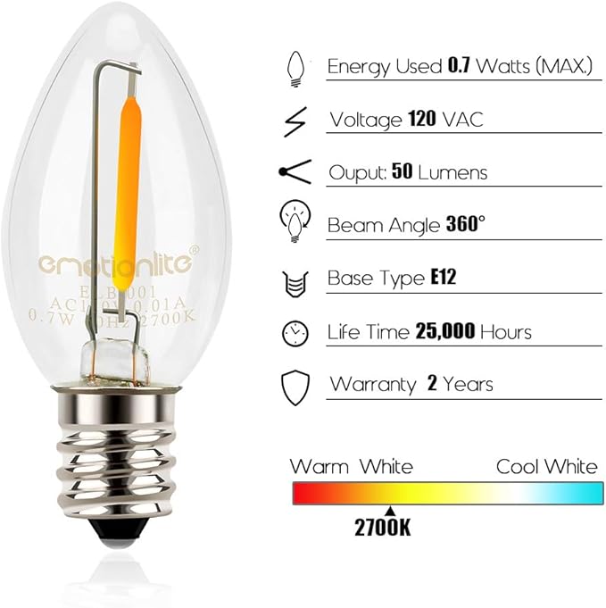 Emotionlite Night Light Bulbs, C7 Candelabra Bulb, LED Light Bulbs - Image 2