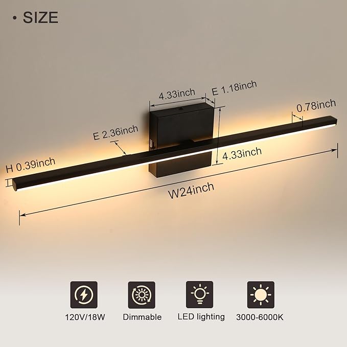 Modern Bathroom Vanity Light 24 Inch, 18W Black Bathroom Light Fixture Over - Image 3