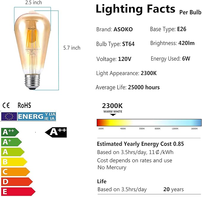 ASOKO LED Dimmable Vintage Edison Led Bulbs 6W Antique Style, 2300K Warm White - Image 3