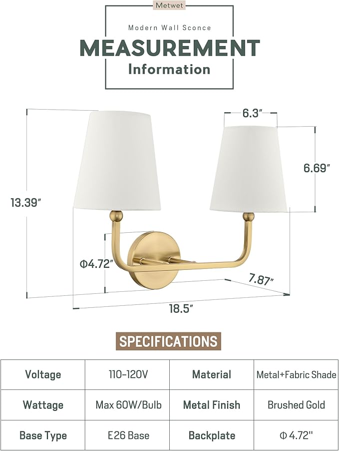 2 Light Bathroom Light Fixtures, Brushed Gold Vanity Lights, Double Wall Sconce - Image 2