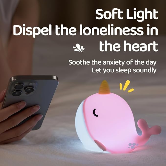 Cute Whale Night Light, Soft Narwhal Silicone LED Night Lamp, Rechargeable - Image 4