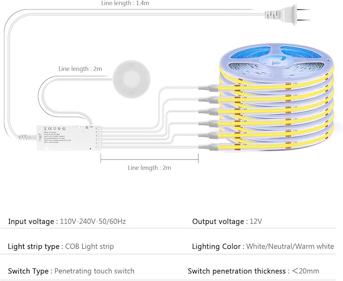 AIMENGTE Cabinet Light 12V COB LED Strip Lights, 6-in-1 Penetrable Touch Dimming - Image 7