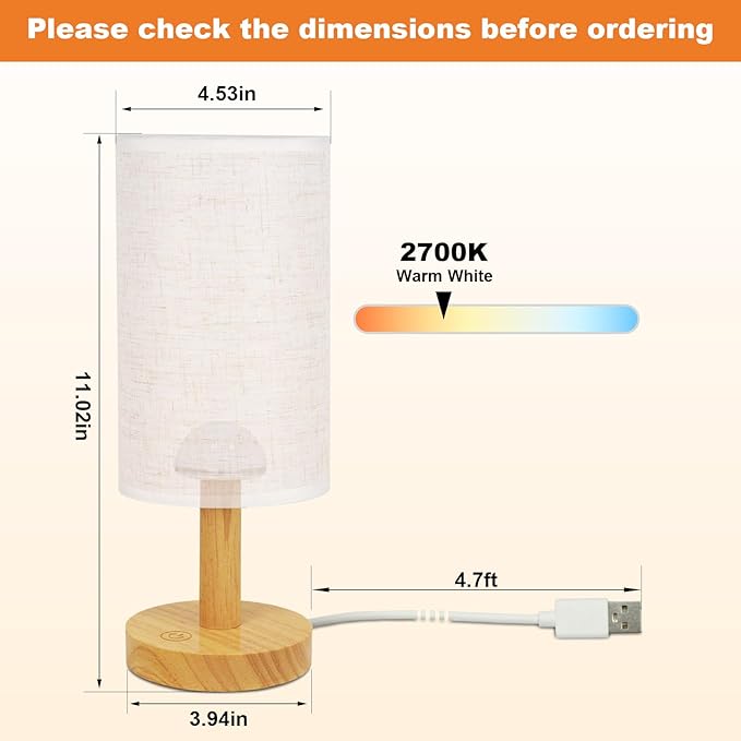 Small Touch Table Lamp with Stepless Dimming&USB Plug, Natural Round Wood - Image 3
