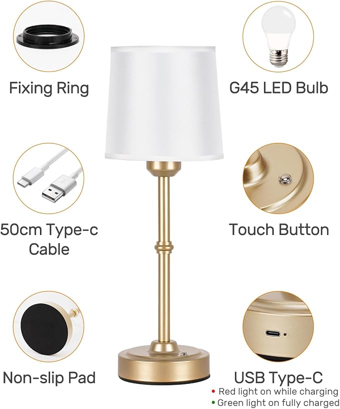 Gold LED Cordless Table Lamp Rechargeable-6000mAh Battery Operated Table Light - Image 7
