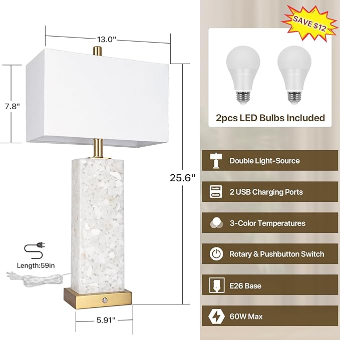 2-Pack 25.6" Alabaster Lamps, Marble Lamp Nightstand Lamps Set of 2, 3-Color - Image 2
