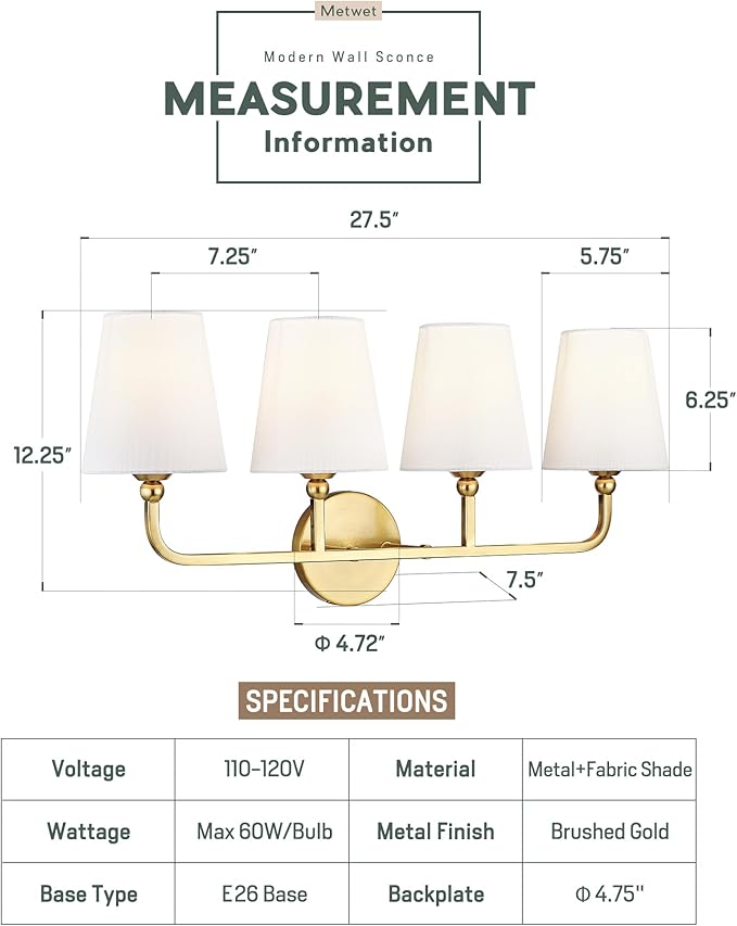 Bathroom Light Fixtures, 4 Light Brushed Gold Vanity Lights - Image 2