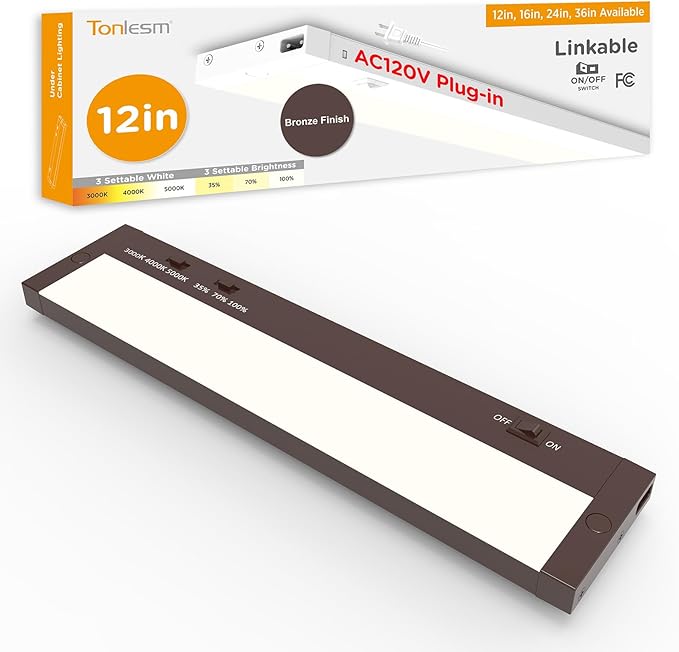 12 Inch Under Cabinet Lighting Plug in, 7W 120V 3 Color 3000K/4000K/5000K by Tonlesm