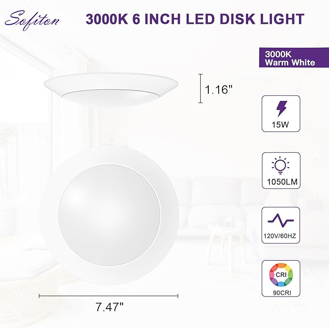 LED Disk Lights 6 Inch, 15W Surface Mount LED Ceiling Light 1050LM, Flush Mount - Image 2