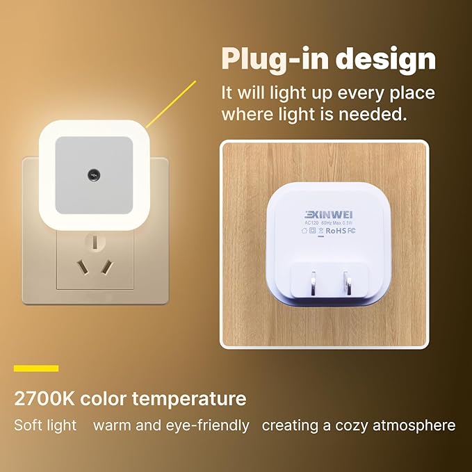 Smart Auto-Dimming Square LED Night Light Bedside Lamp, 0.5W Plug-in - Image 4