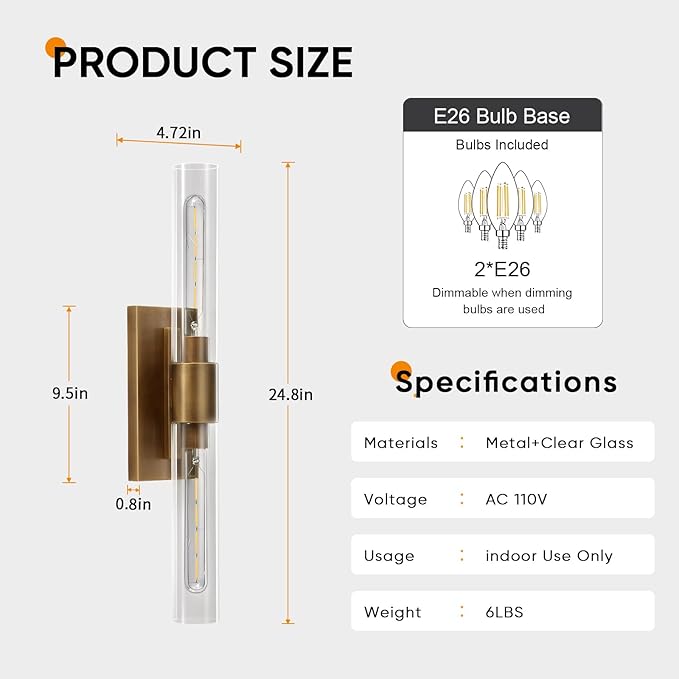 24.8" L Minimalist Style Wall Sconces Set of 2, Brass Wall Lights Fixtures - Image 3