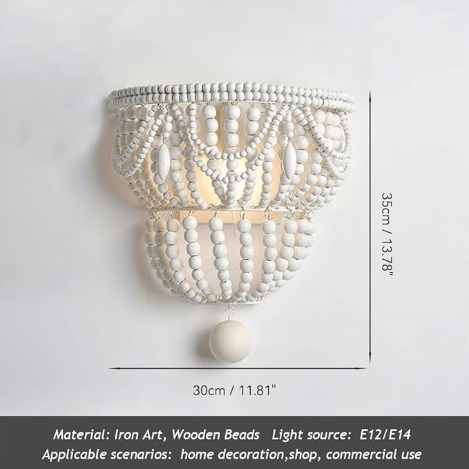 Boho Wood Bead Wall Sconce, Hand-Woven Double Layer White Wooden Beaded Wall - Image 4