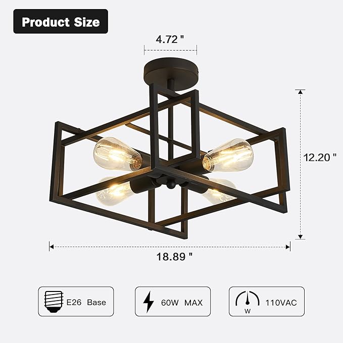 ZGLAOJT 4-Lights Close to Ceiling Light，Black Light Fixture Industrial Flush - Image 2