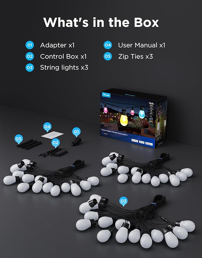 Govee S14 Bulb Outdoor String Lights 2, 144ft Smart RGBIC Warm White Patio - Image 9