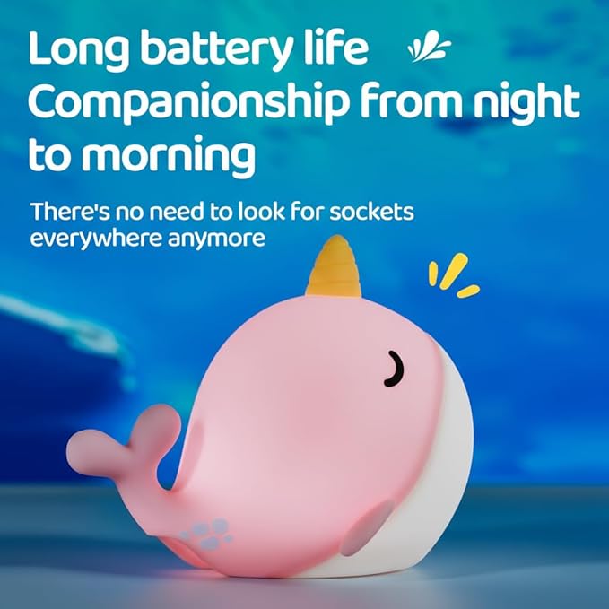 Cute Whale Night Lights, Soft Narwhal Silicone LED Night Lamp, Rechargeable - Image 4
