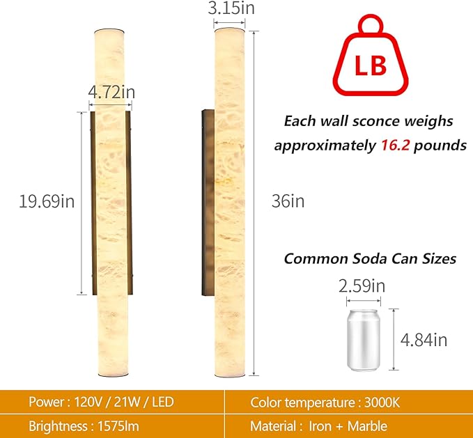 LMQNINE Natural Alabaster Wall Sconces Spanish Marble Wall Light Cylinder - Image 3